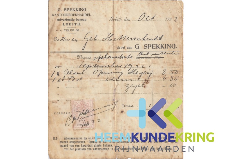 rekening_1e advertentie_ slagerij_ Hetterscheidt Coll. M.Hoedemaker